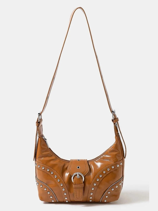Fame Faux Leather Studded Trim Shoulder Bag
