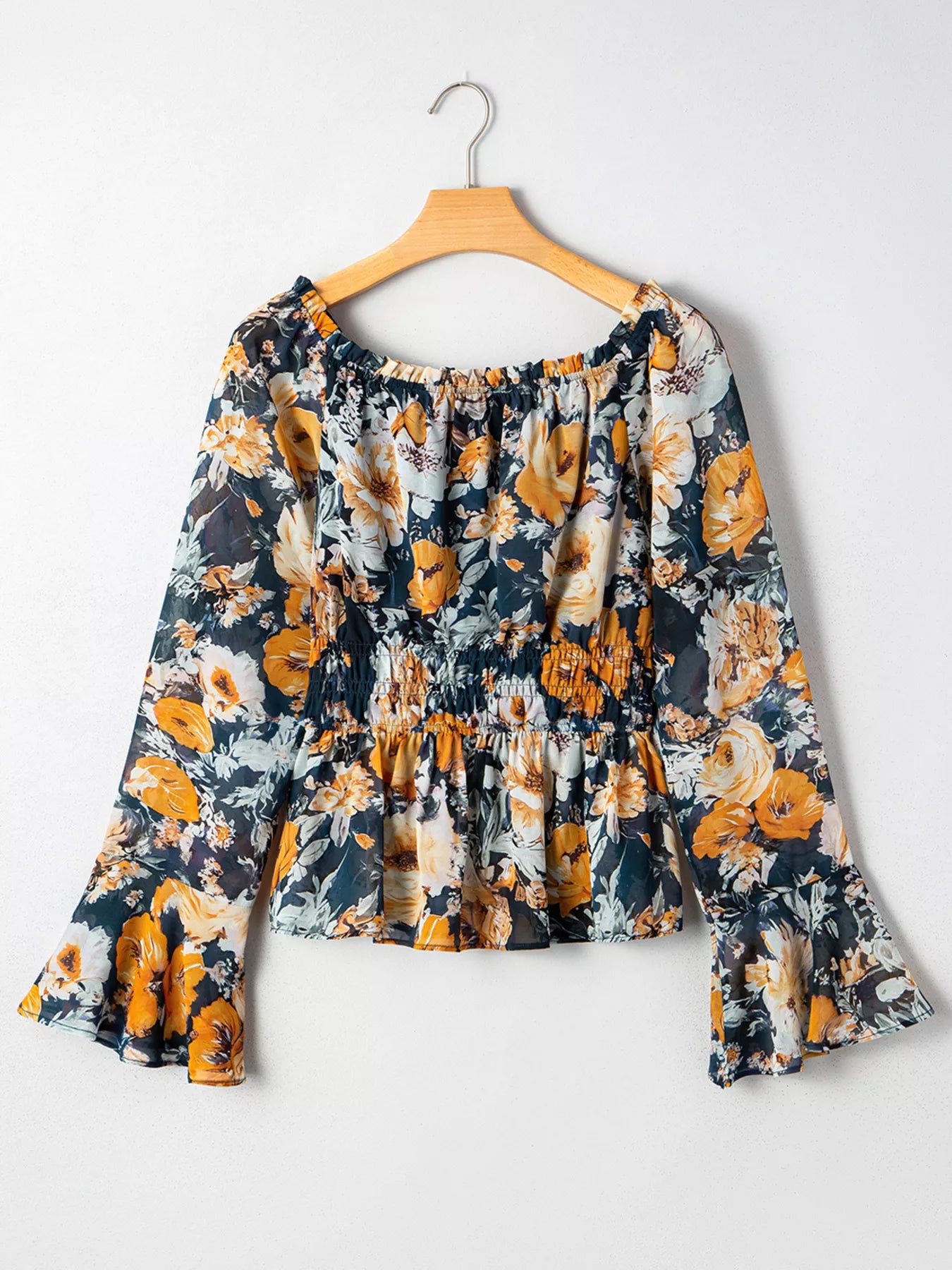 Floral Off Shoulder Bell Sleeve Smocked Peplum Top Trendsi