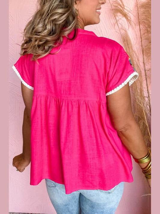 Geometric Embroidered Tassel Tie Neck Blouse NicholesGifts