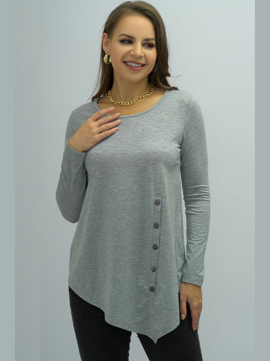 Shiny Buttoned Long Sleeve Round Neck Tee NicholesGifts