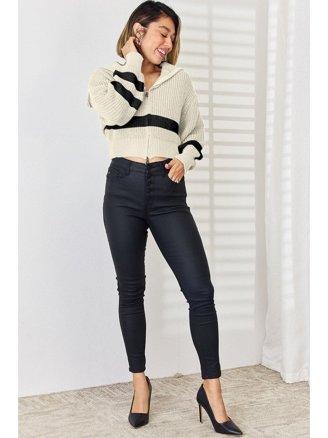 Women Striped Zip Up Dropped Shoulder Cardigan