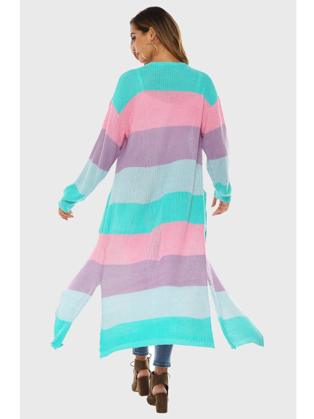 Women Color Block Long Sleeve Pocketed Cardigan