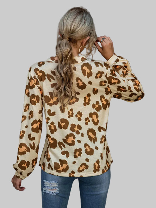 Leopard V-Neck Decorative Button Long Sleeve Blouse nicholesgifts