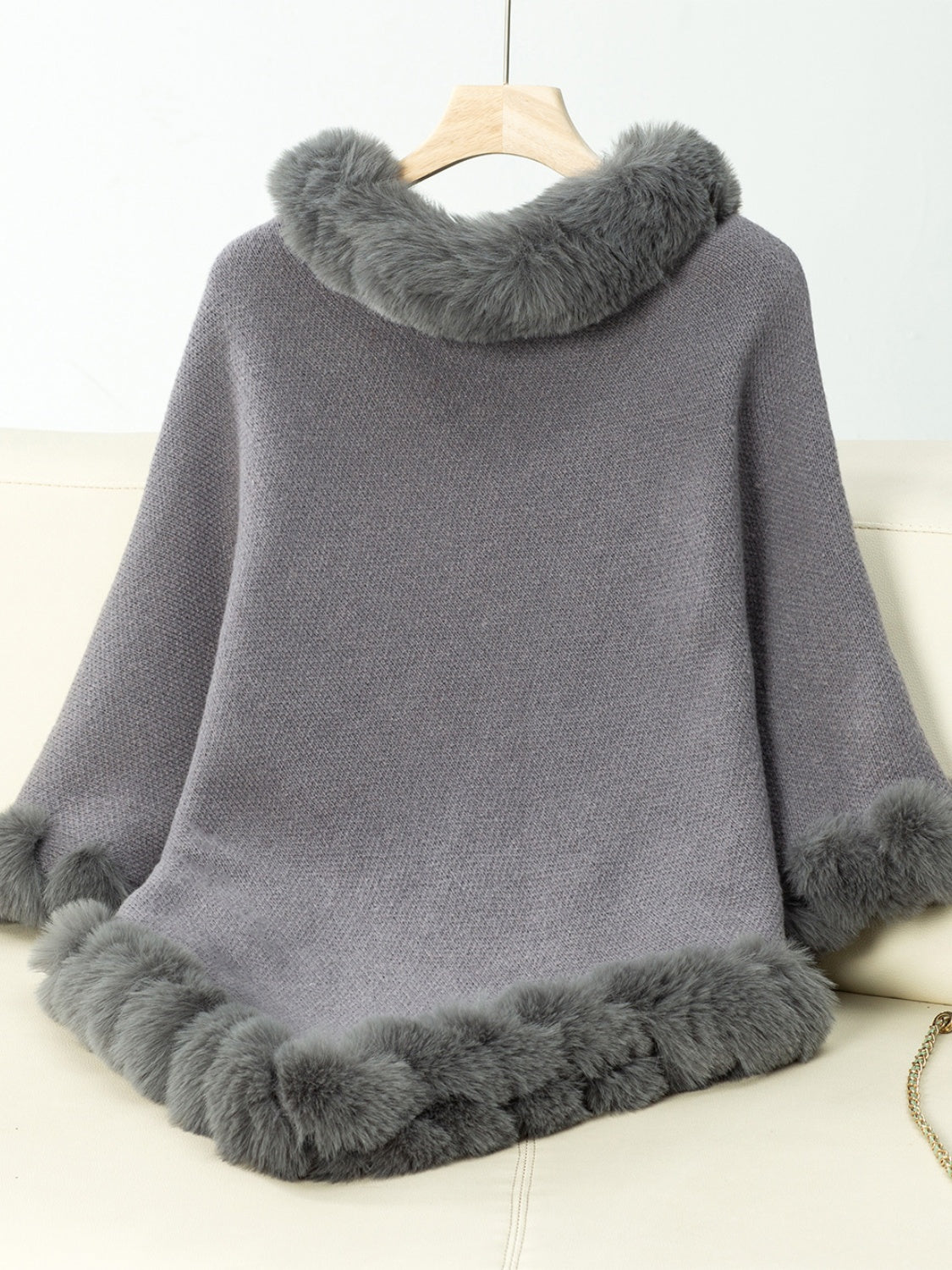 NicholesGifts Women Fuzzy Trim Texture Three-Quarter Sleeve Poncho NicholesGifts