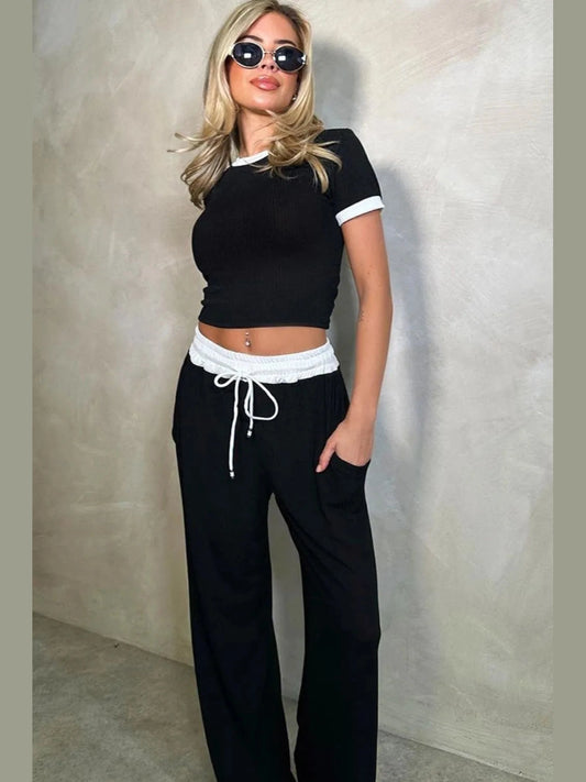 Contrast Trim Round Neck Top and Pants Set nicholesgifts