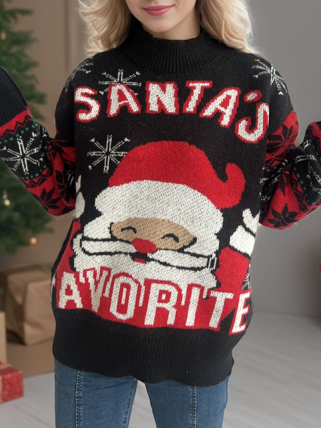 Santa Mock Neck Long Sleeve Sweater NicholesGifts