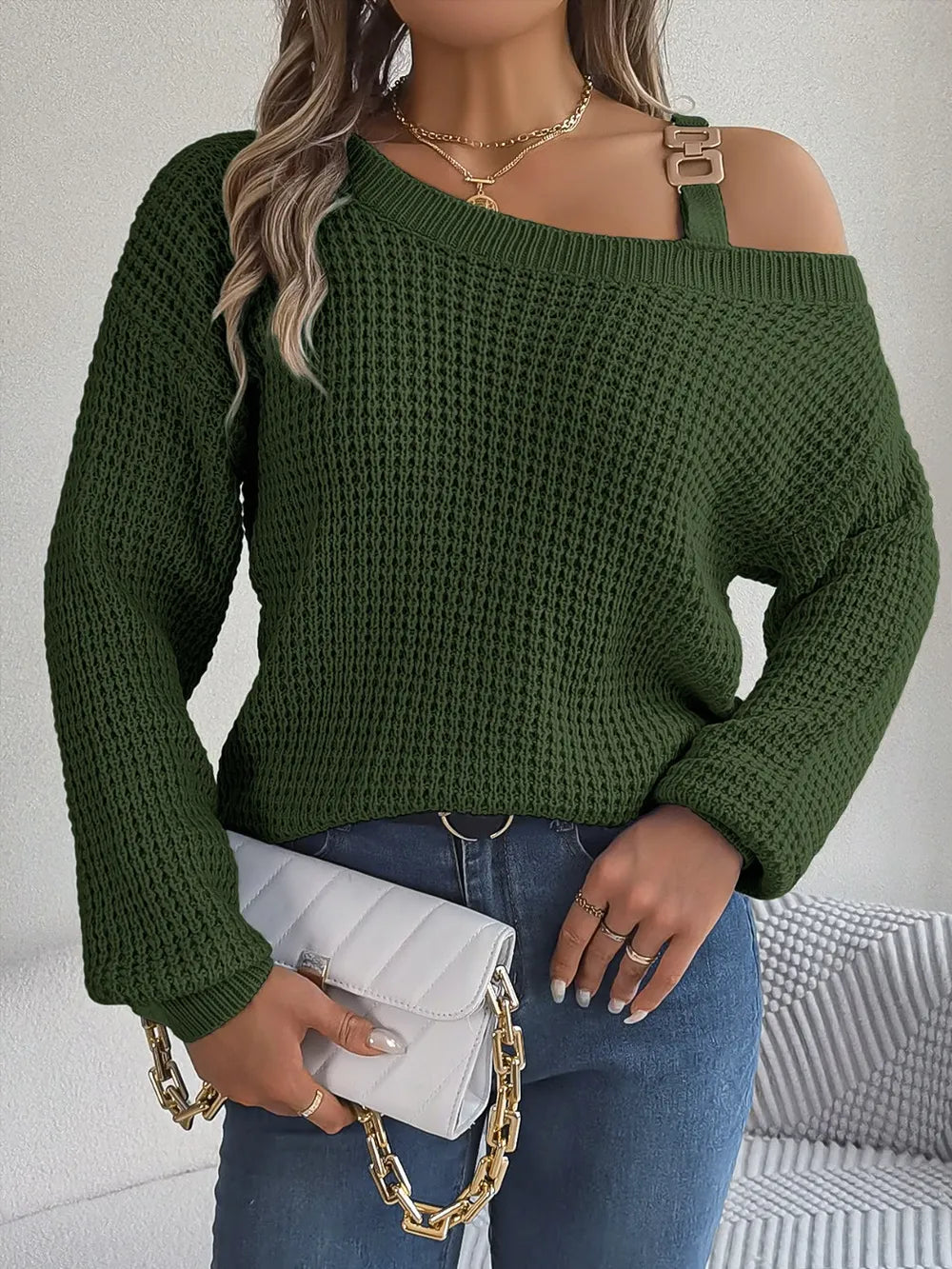 Asymmetrical Neck Long Sleeve Sweater Trendsi