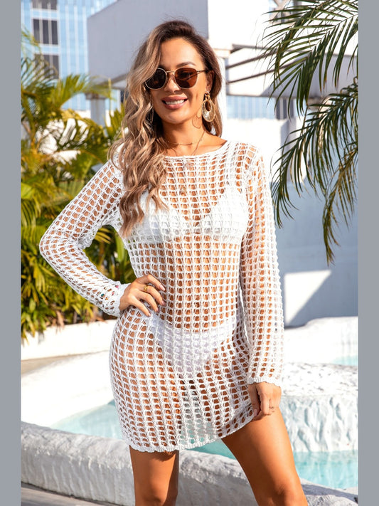 Cutout Round Neck Long Sleeve Cover-Up