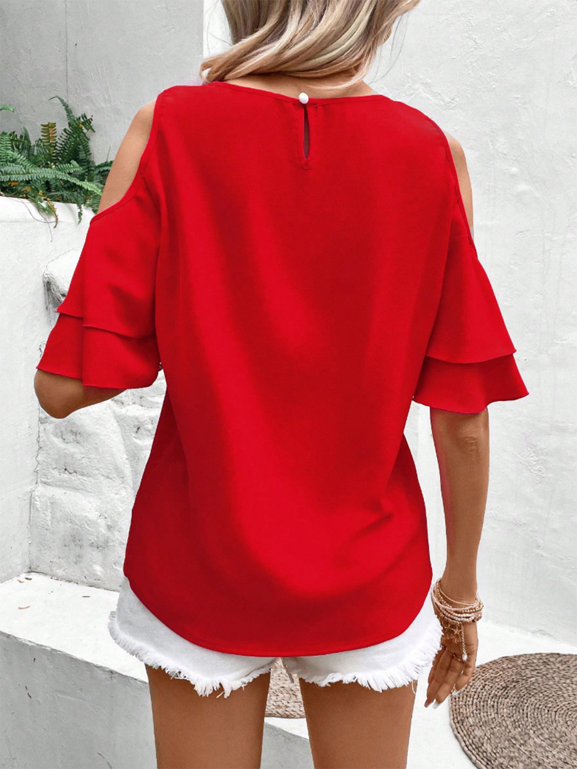 Women Cold Shoulder Flounce Sleeve Blouse NicholesGifts