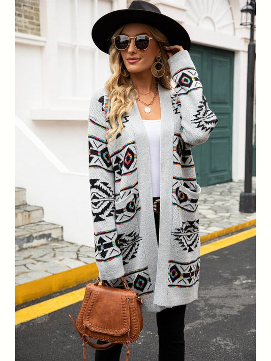 Women Printed Long Sleeve Cardigan with Pocket