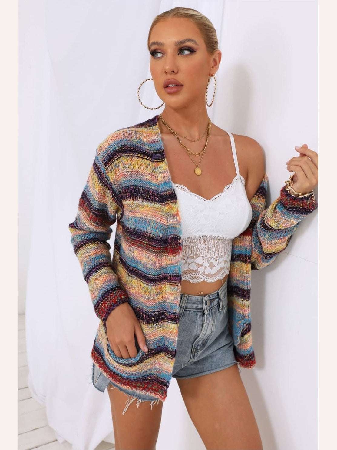 Women Striped Long Sleeve Open Front Cardigan nicholesgifts