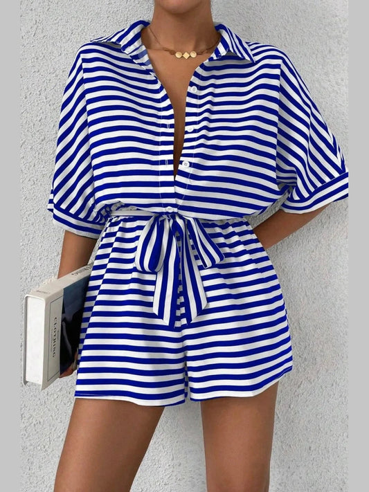 Striped Collared Neck Tie Waist Romper nicholesgifts
