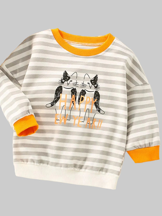 Girls and Toddler Girls Happy New Year Striped Cat Crew Neck Sweatshirt nicholesgifts