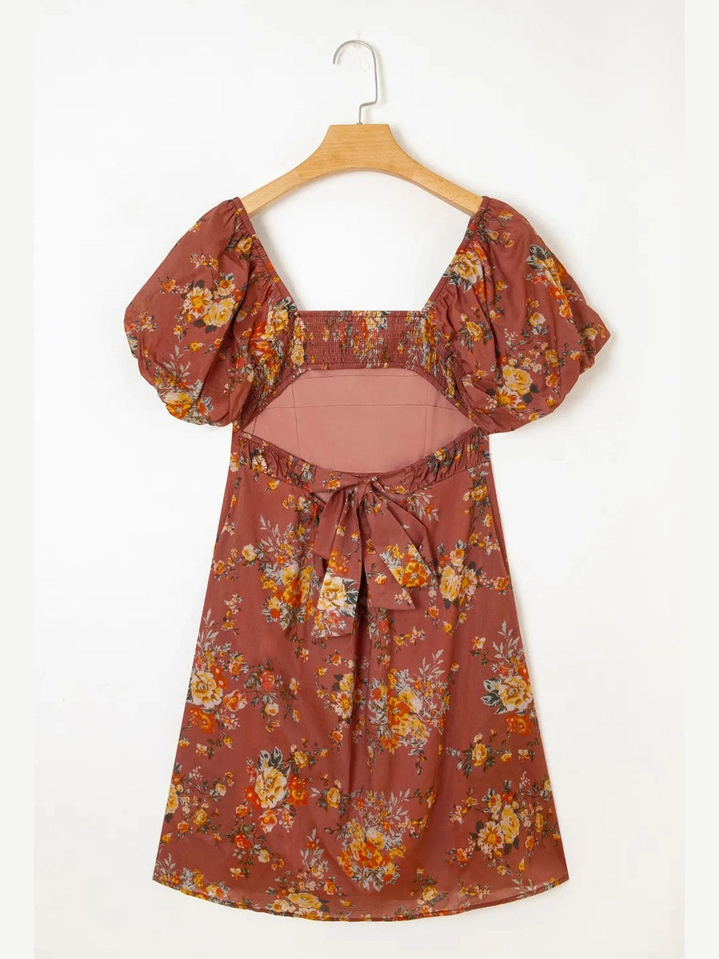 Floral Puff Sleeve Square Neck Knot Open Back Mini Dress NicholesGifts