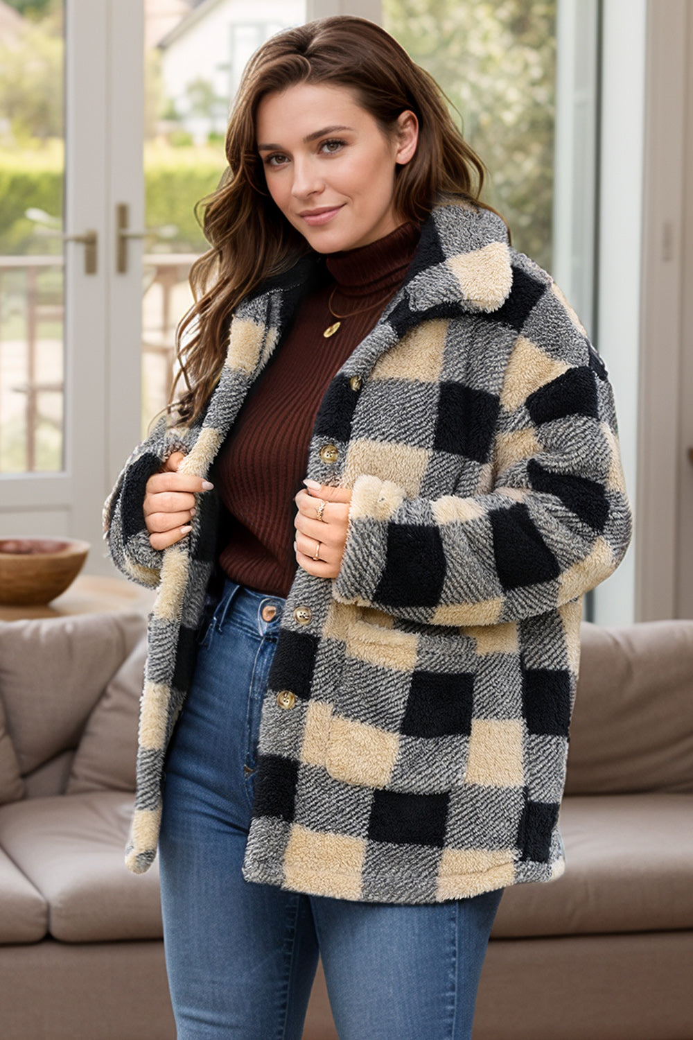 NicholesGifts Women Plus Size Women Plaid Button Up Long Sleeve Coat NicholesGifts