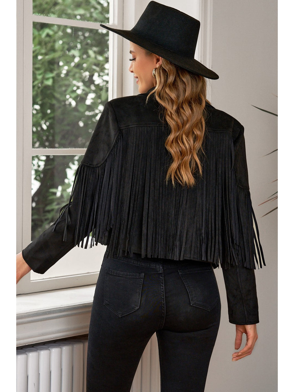 Fringe Trim Lapel Collar Cropped Blazer NicholesGifts