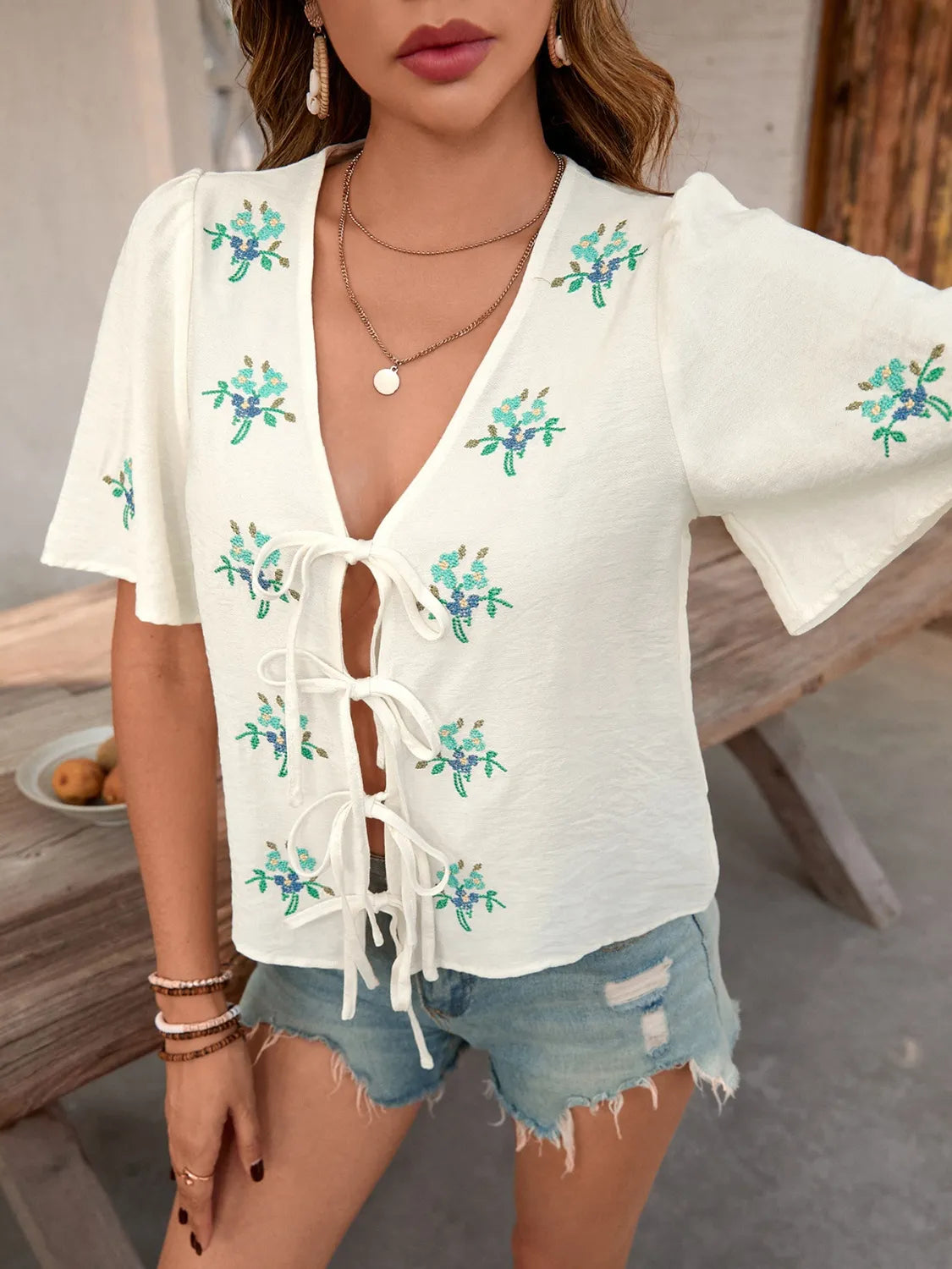Embroidered V-Neck Short Sleeve Shirt