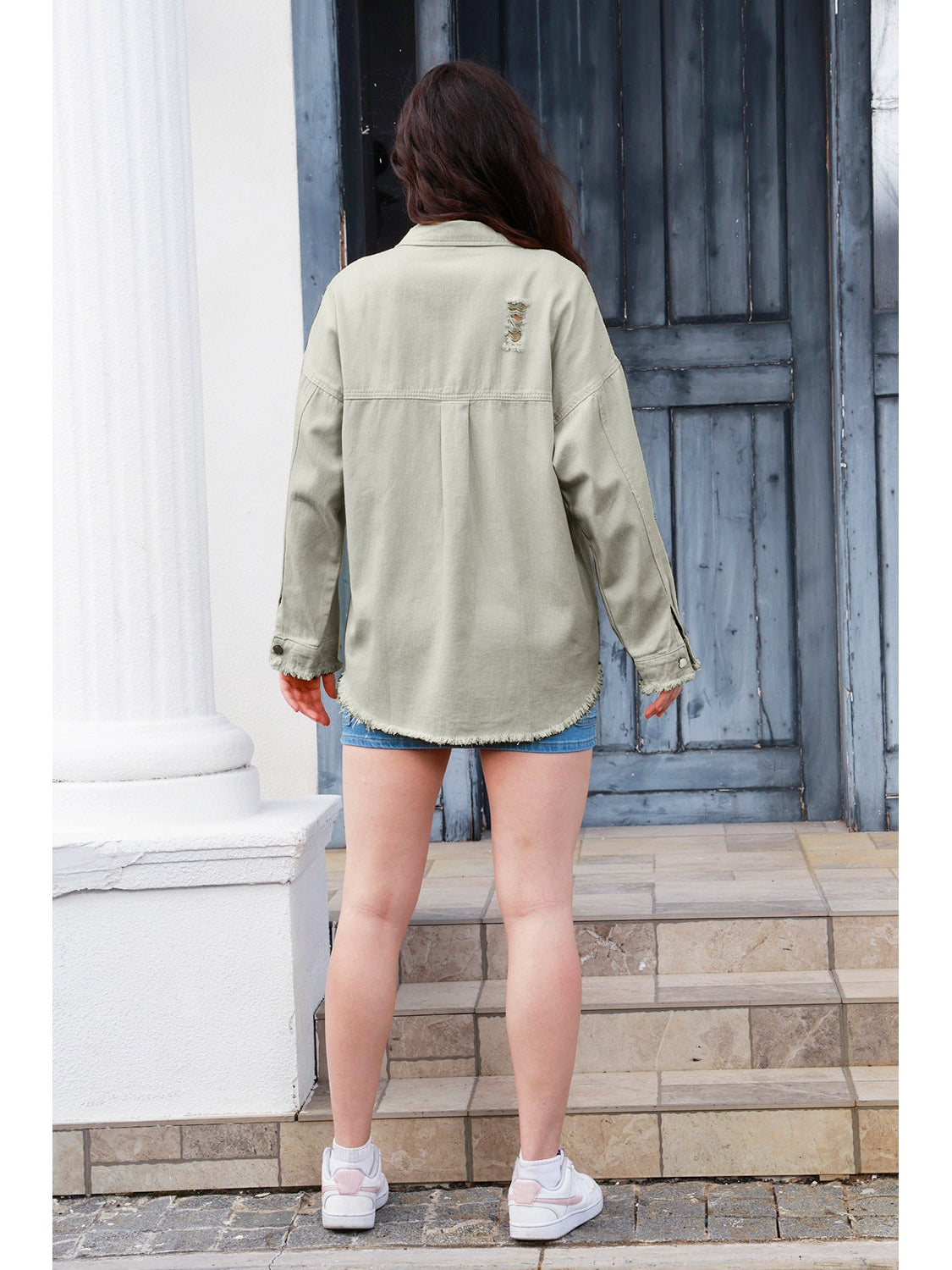 NicholesGifts Women Distressed Button Up Raw Hem Denim Jacket NicholesGifts