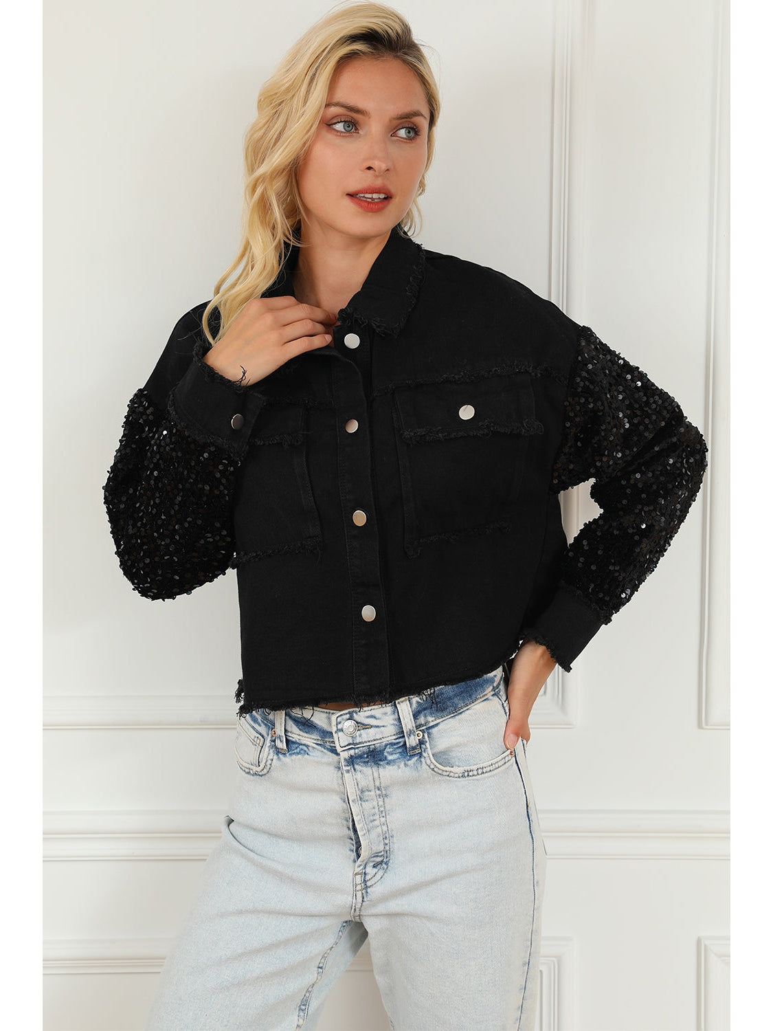 Sequin Button Up Raw Hem Denim Jacket NicholesGifts