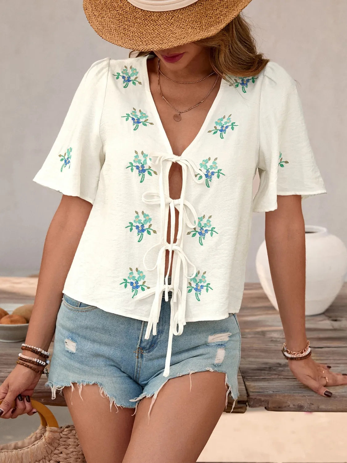 Embroidered V-Neck Short Sleeve Shirt