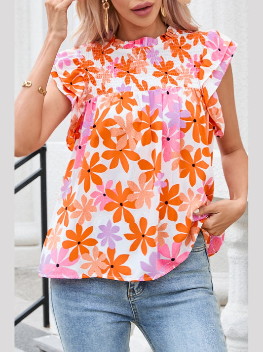 Women Printed Round Neck Cap Sleeve Blouse