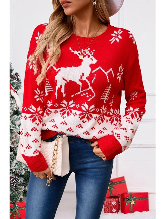 Angel Wings Deer Pattern Round Neck Long Sleeve Sweater