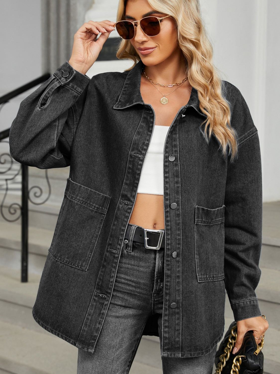 Removable Hood Button Up Long Sleeve Denim Jacket NicholesGifts