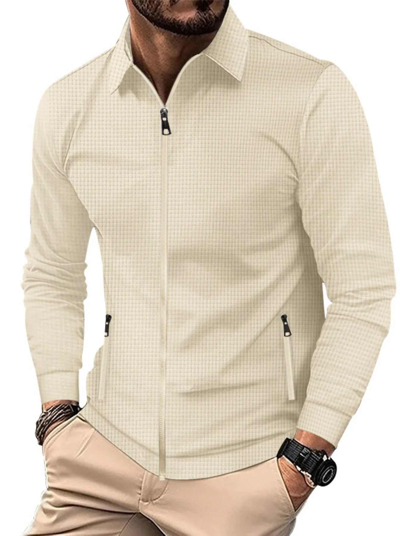 Men's Full Size Waffle Knit Zip Up Jacket Plus Size Trendsi