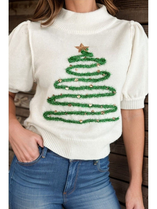 Sequin Mock Neck Short Sleeve Sweater