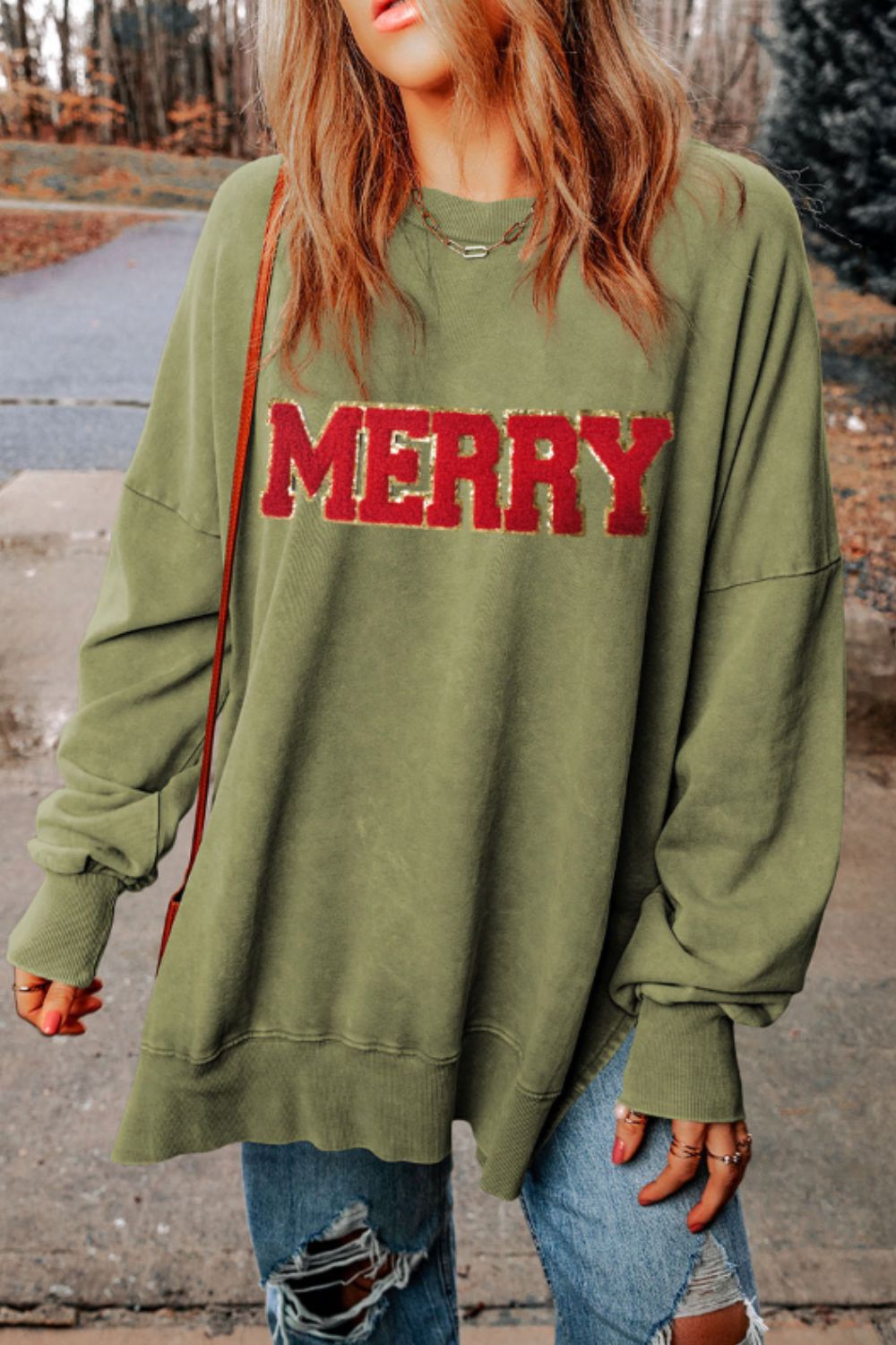 MERRY Side Slit Long Sleeve Sweatshirt NicholesGifts