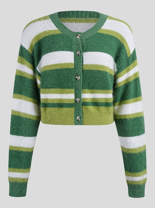 NicholesGifts Women Striped Button Up Dropped Shoulder Cardigan