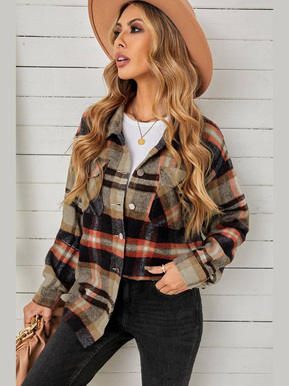 Plaid Pocketed Button Down Shacket nicholesgifts