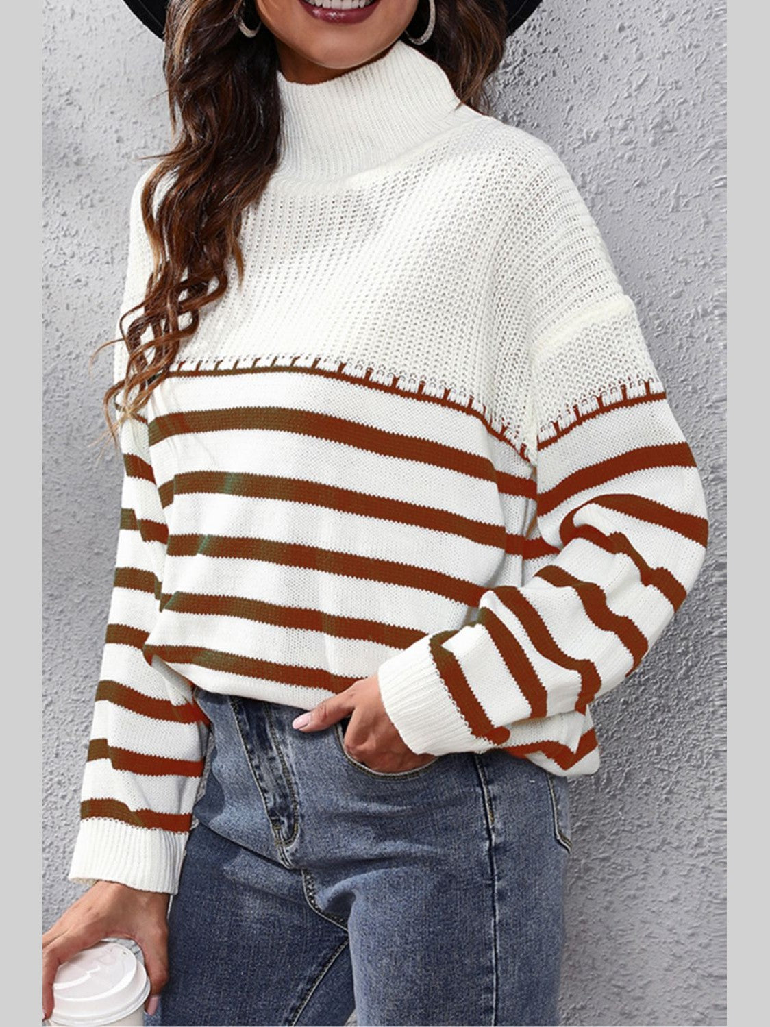 Striped Turtleneck Drop Shoulder Sweater nicholesgifts