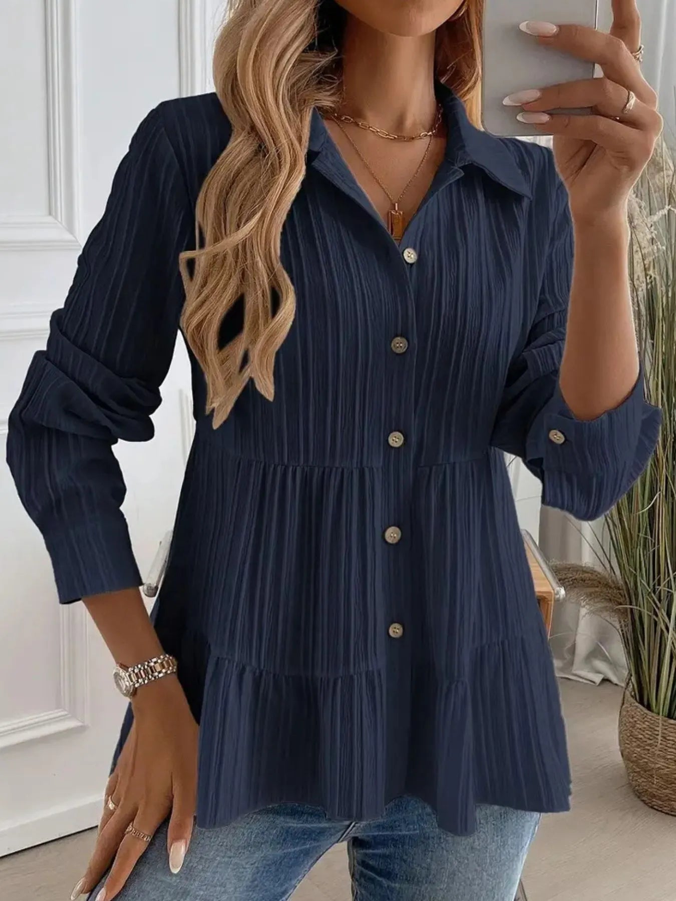 Women Striped Button-Down Tiered Shirt
