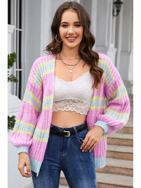 Women Striped Lantern Sleeve Dropped Shoulder Cardigan