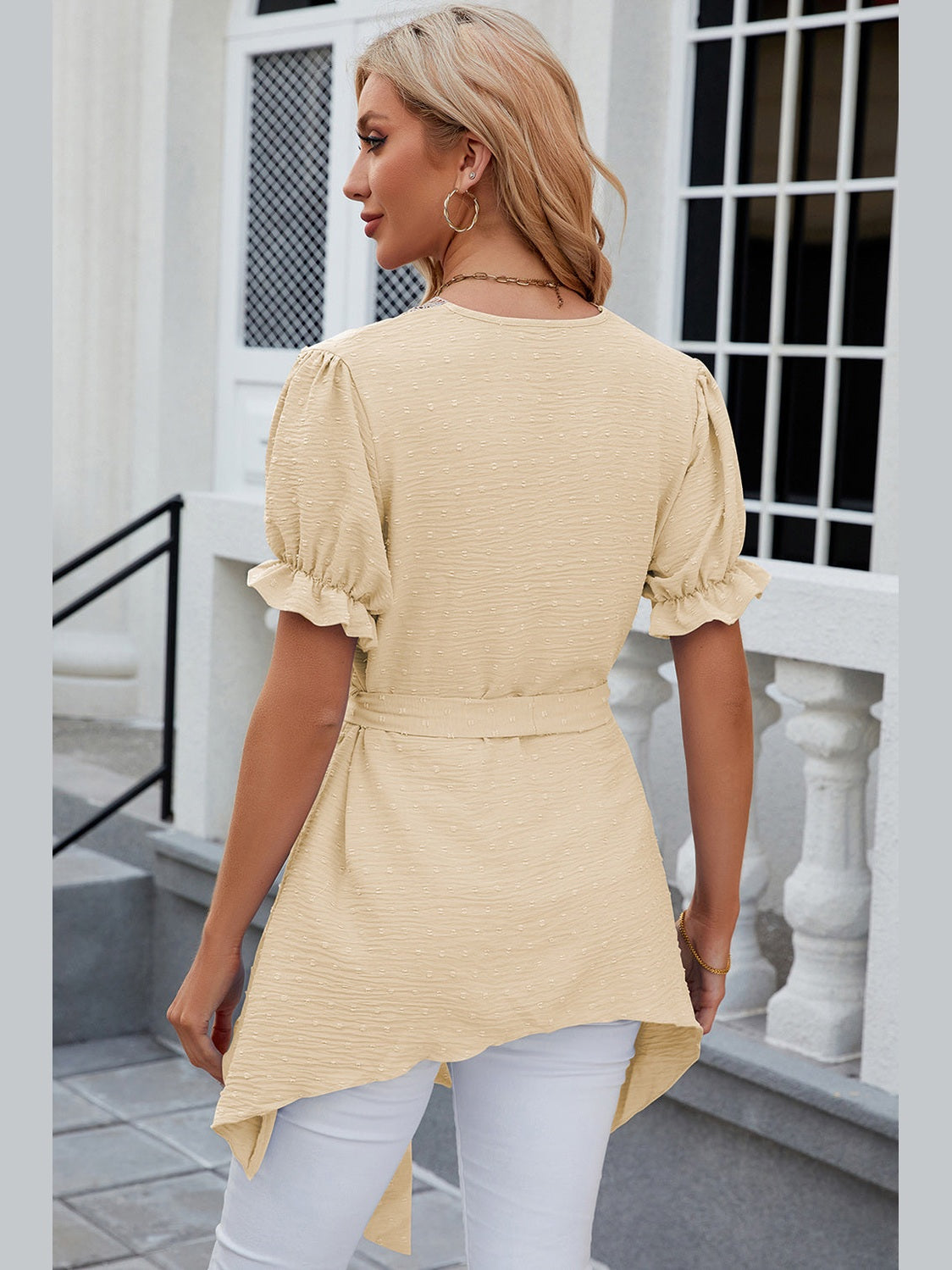 Women Swiss Dot Tie Waist Flounce Sleeve Blouse NicholesGifts