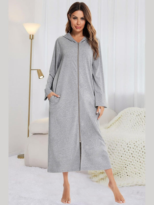 Zip Front Hooded Night Dress with Pockets nicholesgifts