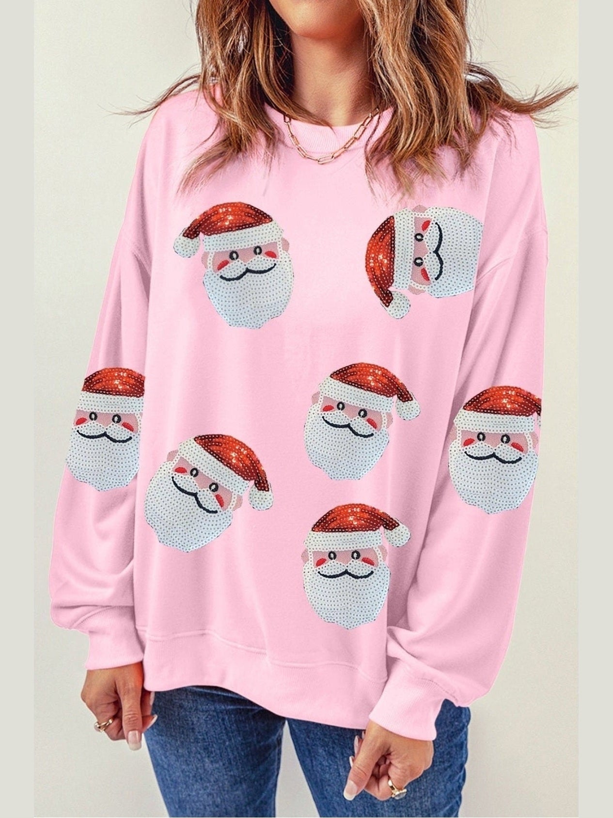 Sequin Santa Patch Round Neck Sweatshirt NicholesGifts