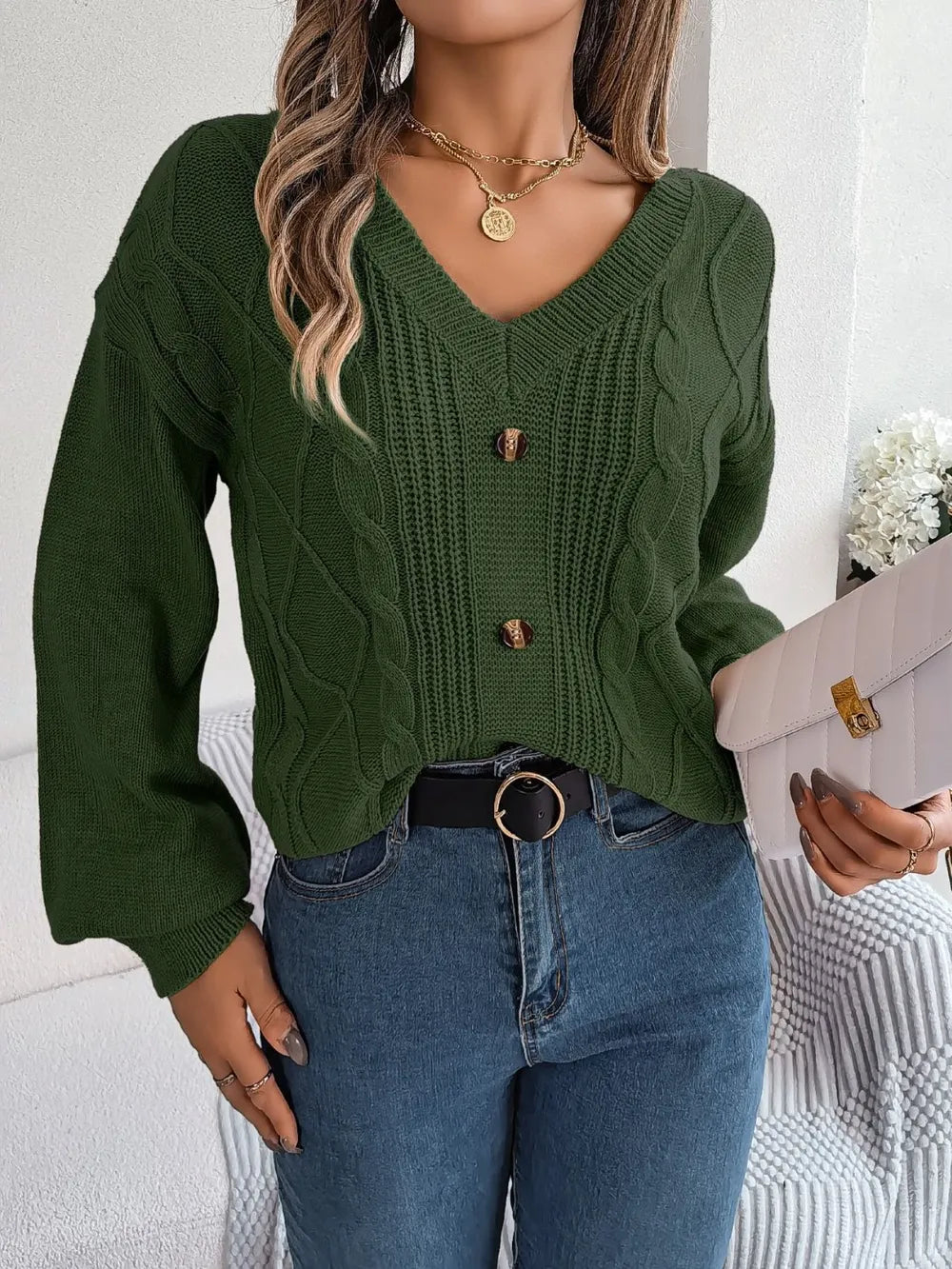 Cable-Knit Buttoned V-Neck Sweater Trendsi