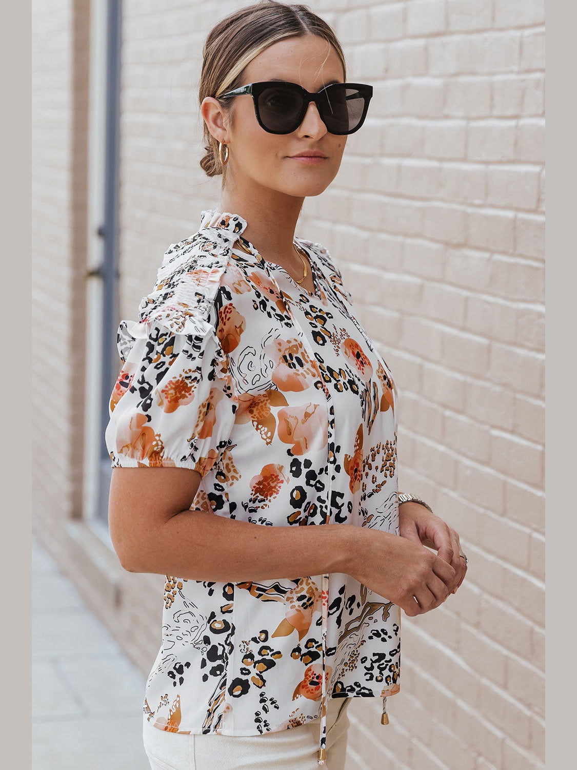 Women Ruffled Leopard Tie Neck Short Sleeve T-Shirt