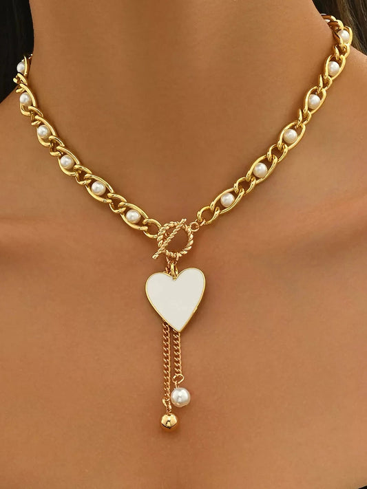 Women 18K Gold-Plated Pearl Heart Necklace nicholesgifts