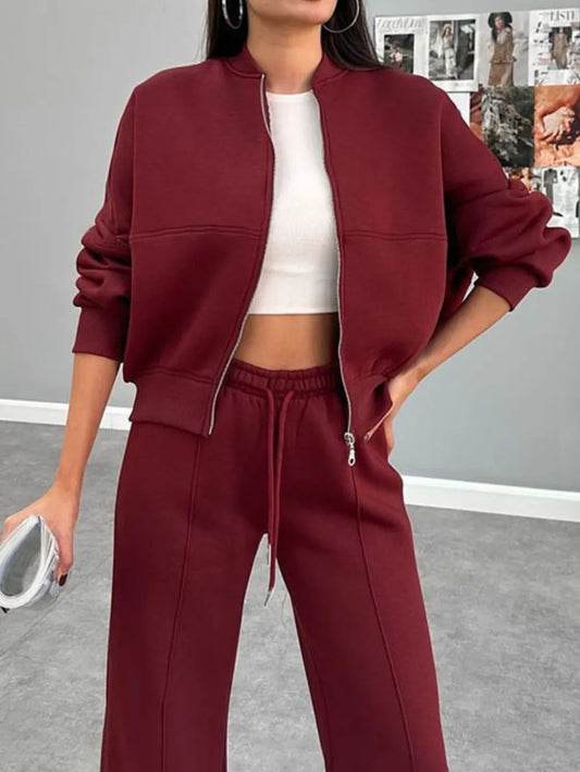 Baseball Collar Zip Up Outerwear and Drawstring Pants Set nicholesgifts