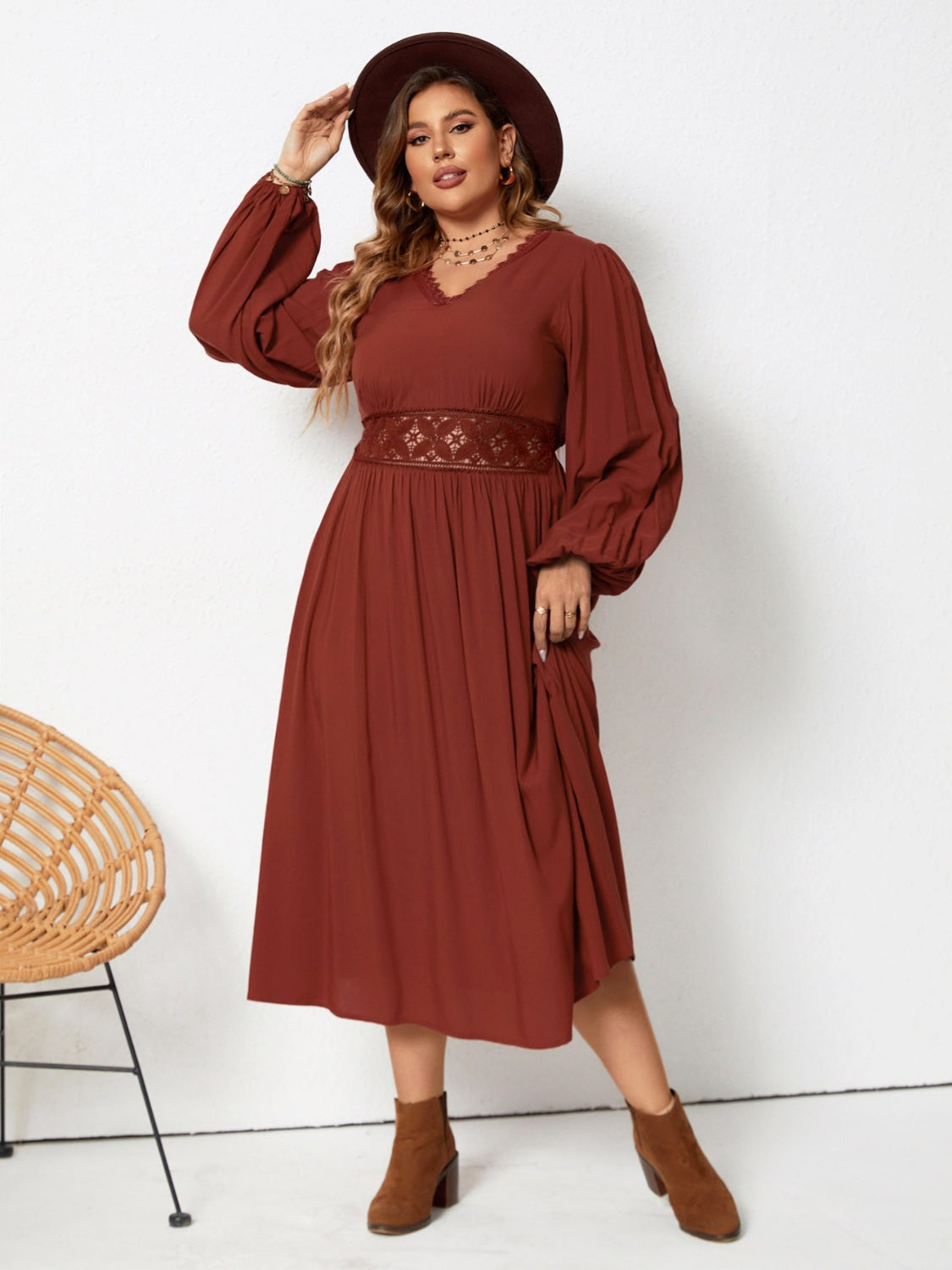 NicholesGifts Plus Size Women Lace Detail V-Neck Balloon Sleeve Dress NicholesGifts