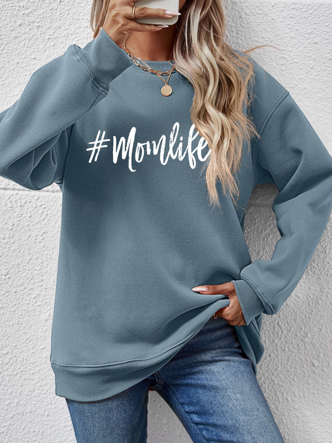 NicholesGifts Women Letter Graphic Mom Life Round Neck Sweatshirt NicholesGifts