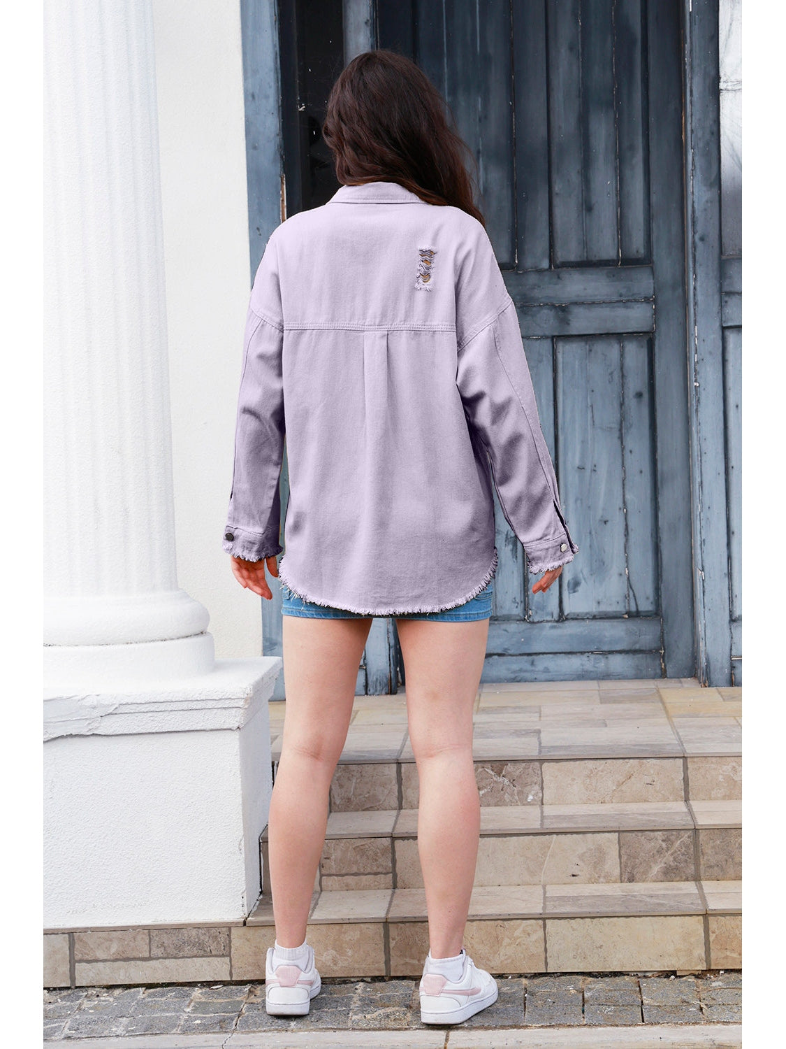NicholesGifts Women Distressed Button Up Raw Hem Denim Jacket NicholesGifts