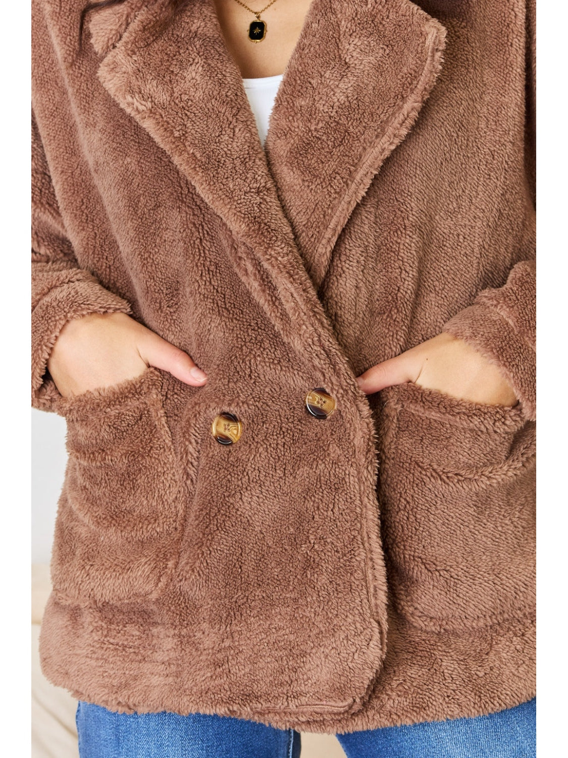 NicholesGifts Women Culture Code Double Breasted Fuzzy Coat