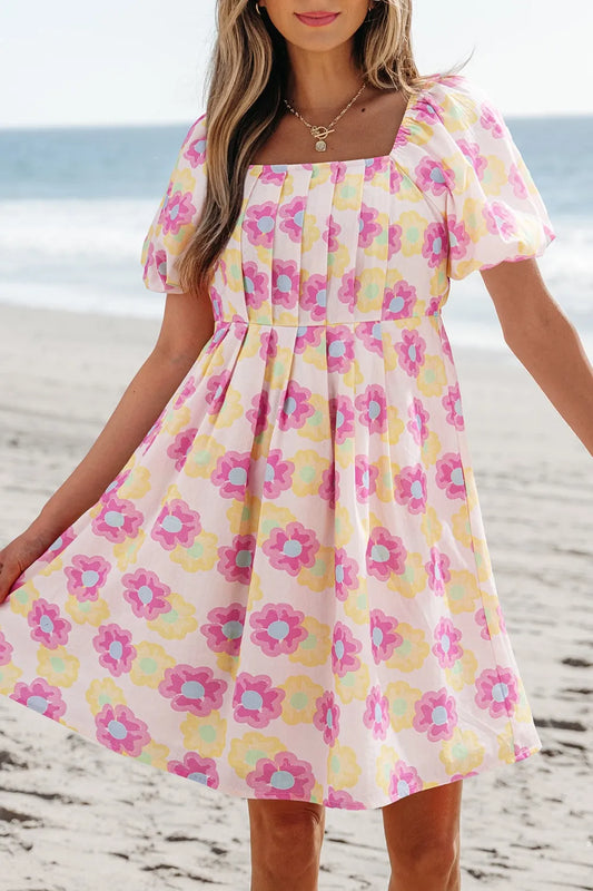 Floral Square Neck Puff Sleeve Pleated Flared Midi Dress Trendsi