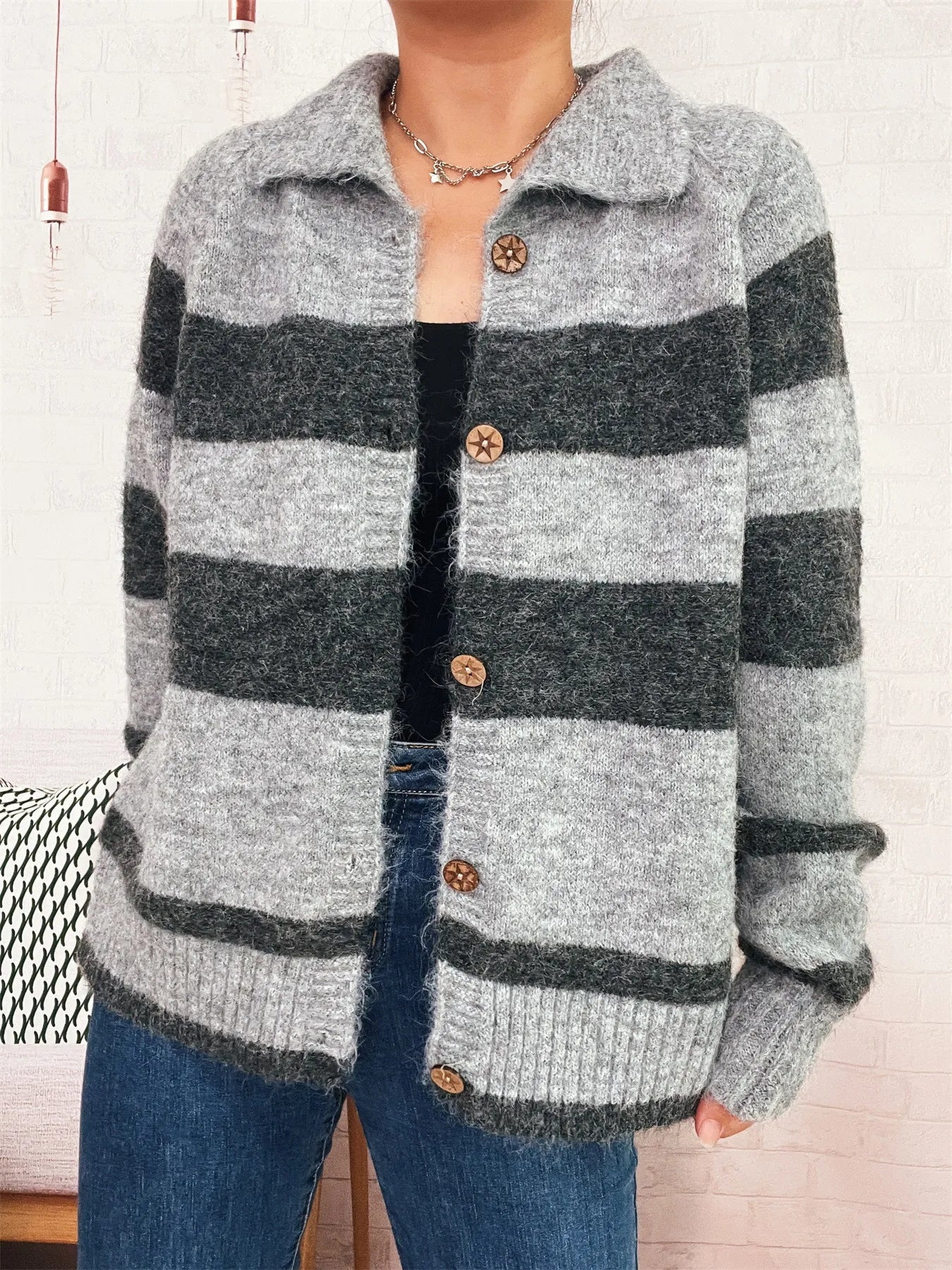 Striped Button-Up Cozy Cardigan