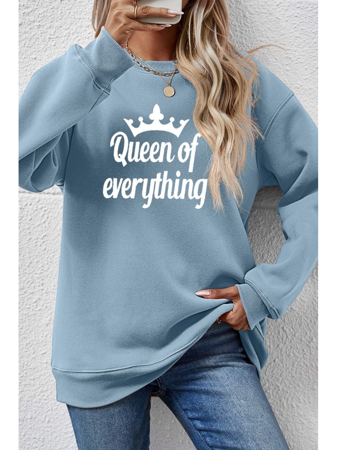 NicholesGifts Women Queen Of Everything Round Neck Sweatshirt NicholesGifts