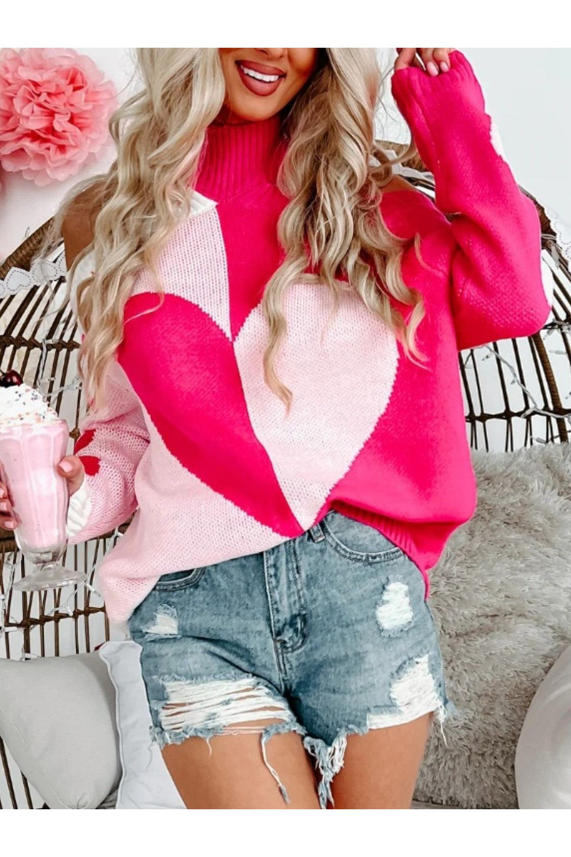 NicholesGifts Women Valentine's Day Heart Turtleneck Cold Shoulder Sweater NicholesGifts